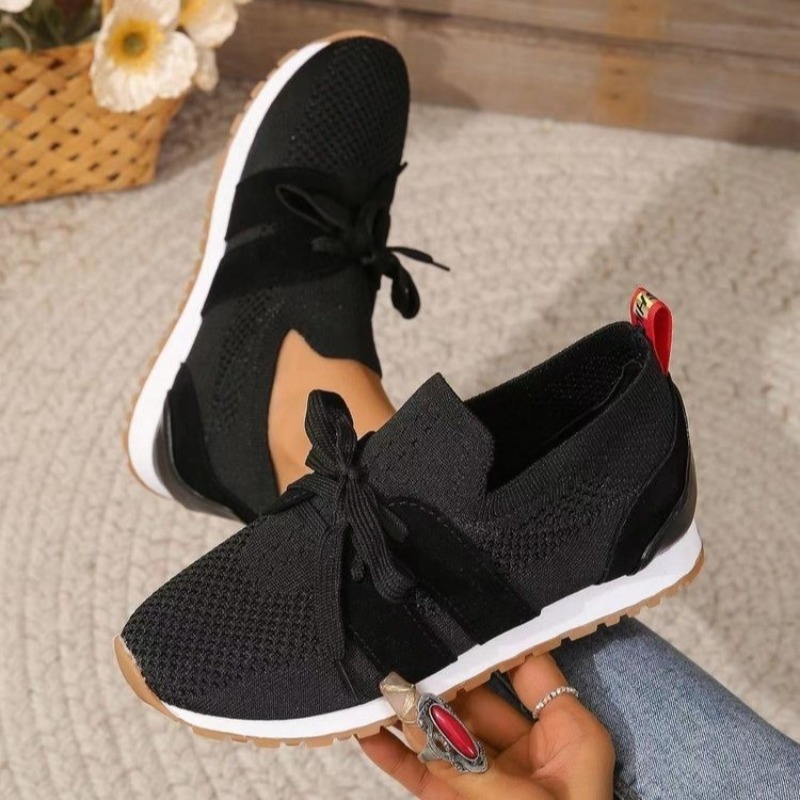 Knit Fabric Lace Up Sneakers - جديد أسود متماسكة تنفس المرأة أحذية